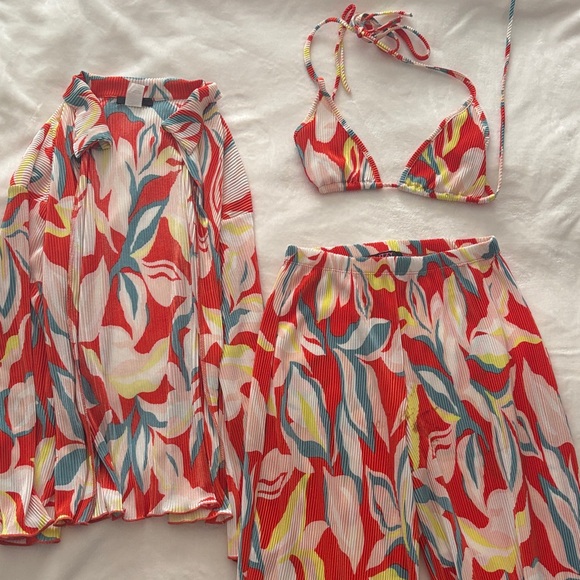 Pants - Three-Piece Red Multicolor Beach Set - Bikini, Skirt & Cover-Up